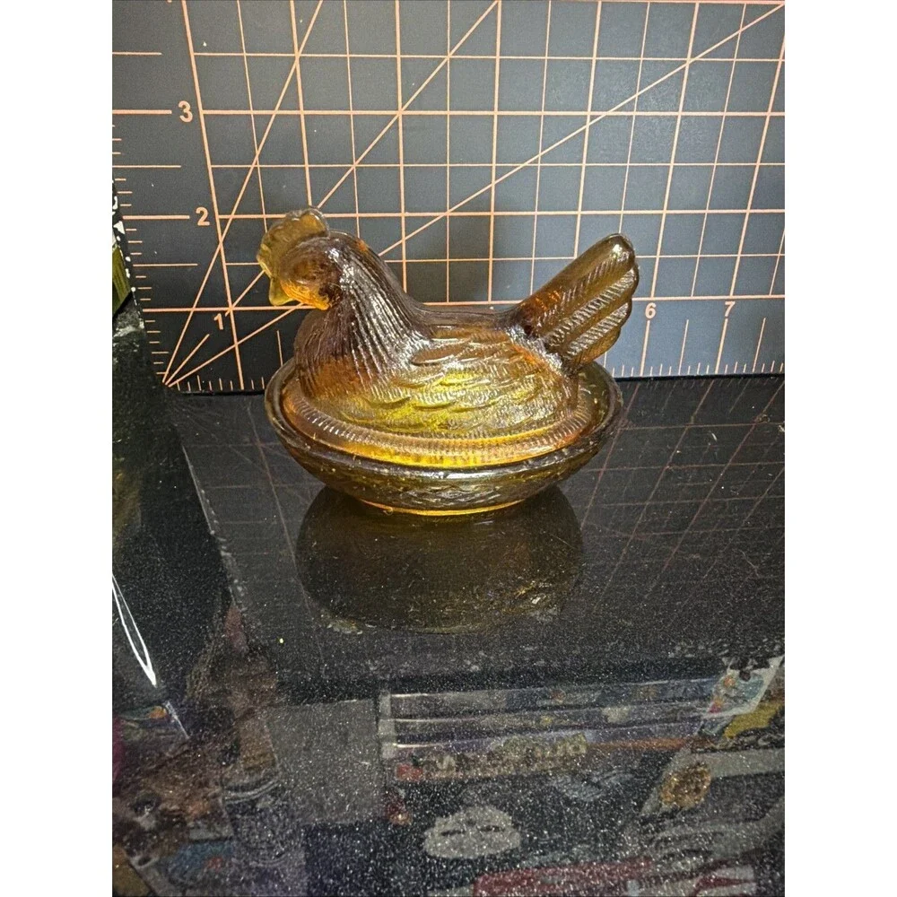 intage Amber Glass Mini Hen on Nest Covered Dish 3 Inch Chicken Trinket